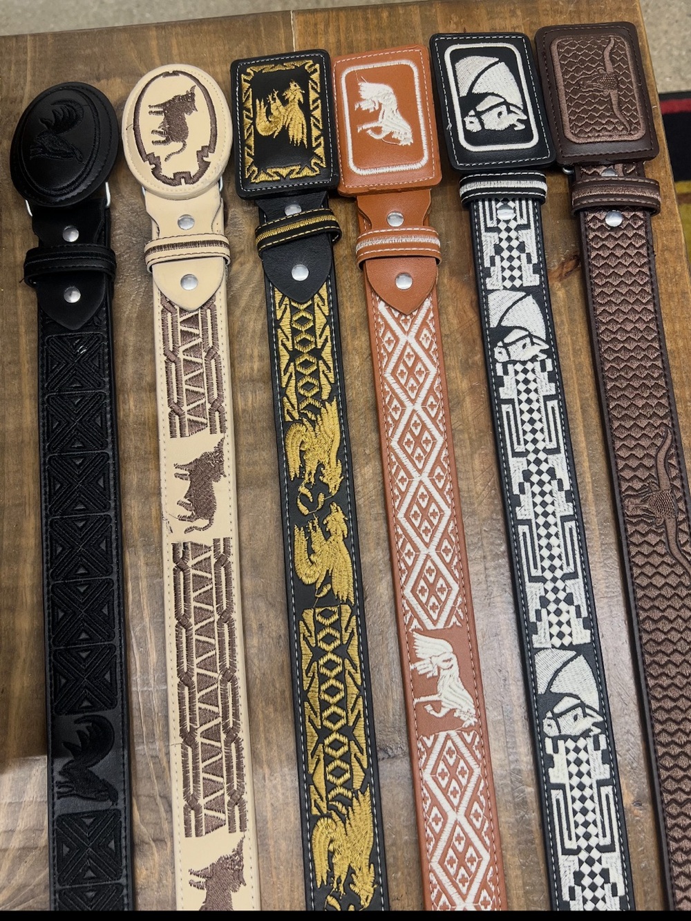 Black Leather Belt with Embroidered Rooster Design
